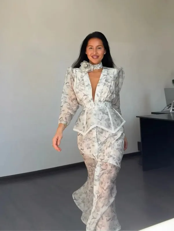 Elegant Printed Women's Dress V-neck Front Split Waist-closed Sashes Wrist Sleeve Gauze Dresses 2026 Summer Chic Female Robe — image 6