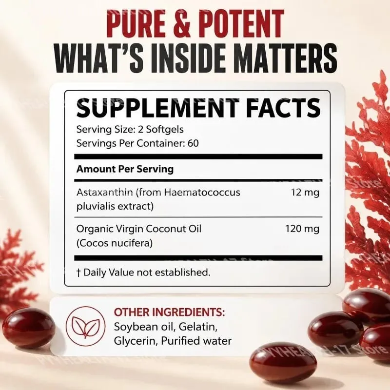 Astaxanthin softgels fra mikroalger fremmer kollagenproduktion Sojafri glutenfri ikke GMO Triple Strength 120 softgels — image 2