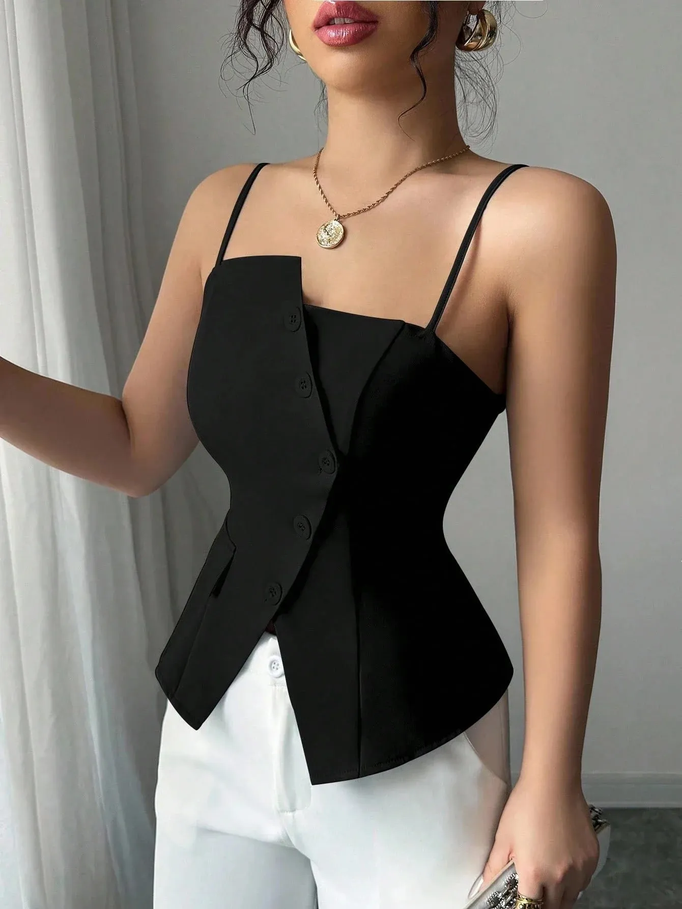Womens Cami Top Thin Strap Asymmetric Button Cami Top Button Blazer Vest Fit Elegant Chic Apparel Tops Spring Summer Daily Shirt — image 6