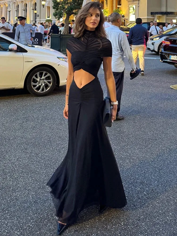 Mozision Hollow Out Short Sleeve Sexy Maxi Dress Women Fashion O Neck Ruched High Waist Bodycon Club Party Long Dress Female — image 1