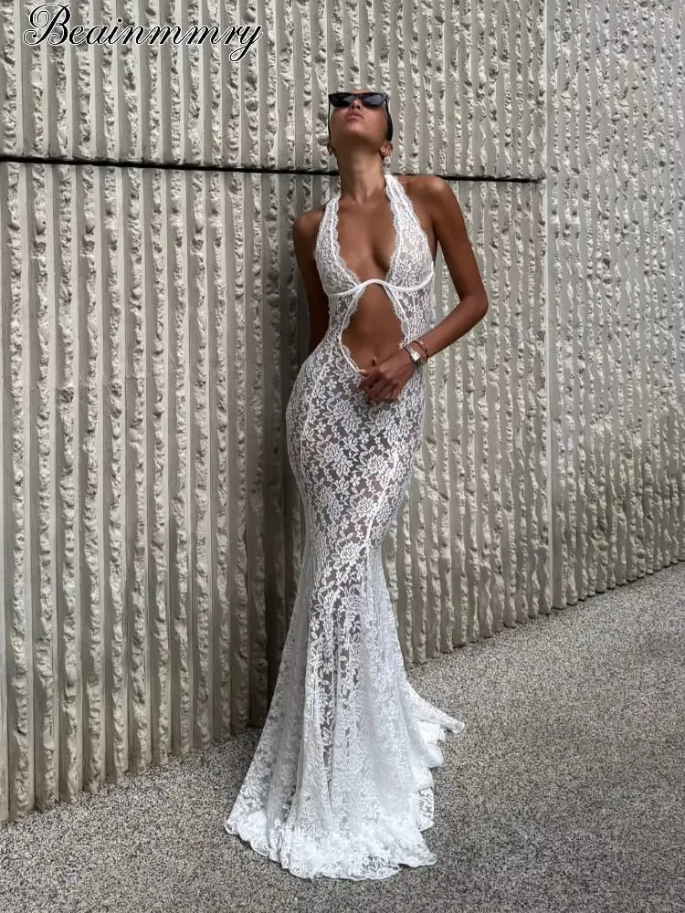 White Lace Hollow-out Halter Dress Women Sexy Sleeveless Off-shoulder Backless Maxi Vestidos 2026 Lady Vacation Beach Gowns 2026 — image 2