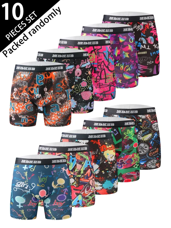 Tiodelade långa boxershortor med graffitimönster för män, ventilerande och bekväma långa boxershortor med hög elasticitet, boxning
