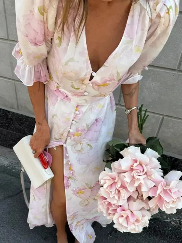 V-neck Organza Floral Chiffon Puff Sleeve Slit Long Dress Bodycon High Slit Bodycon Sexy Dresses Lady Chic Daily Sweet Date Robe — image 3