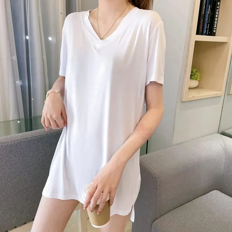 Loose Modal Short Sleeve V-Neck Midi Dress Thin Home Clothes Sleepwear Women's Base Skirt Comfortable plus Size Casual Style — image 13