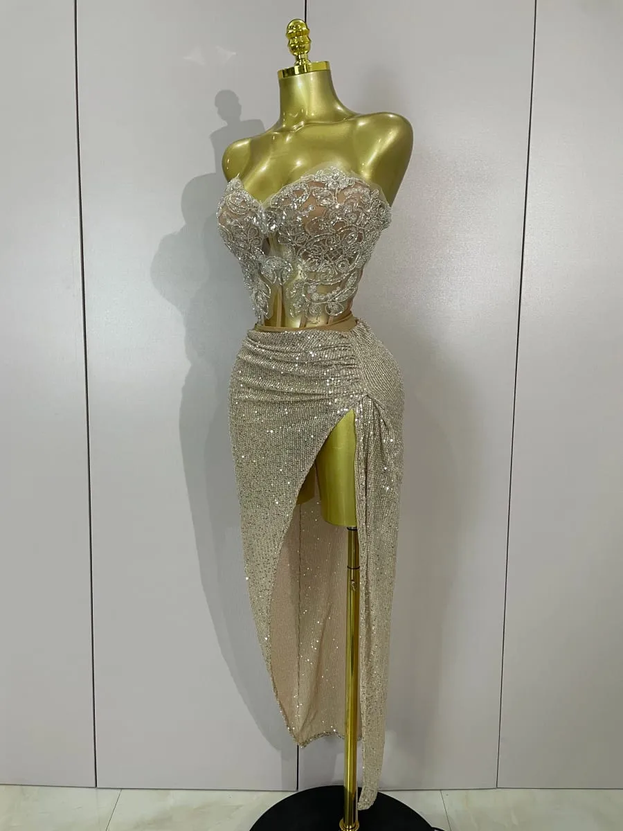 Sparkly Sequin Beading Sexy Strapless Two Pieces Set Women Evening Celebrate Nightclub Party Luxury Birthday Dress Stage Costume — image 2