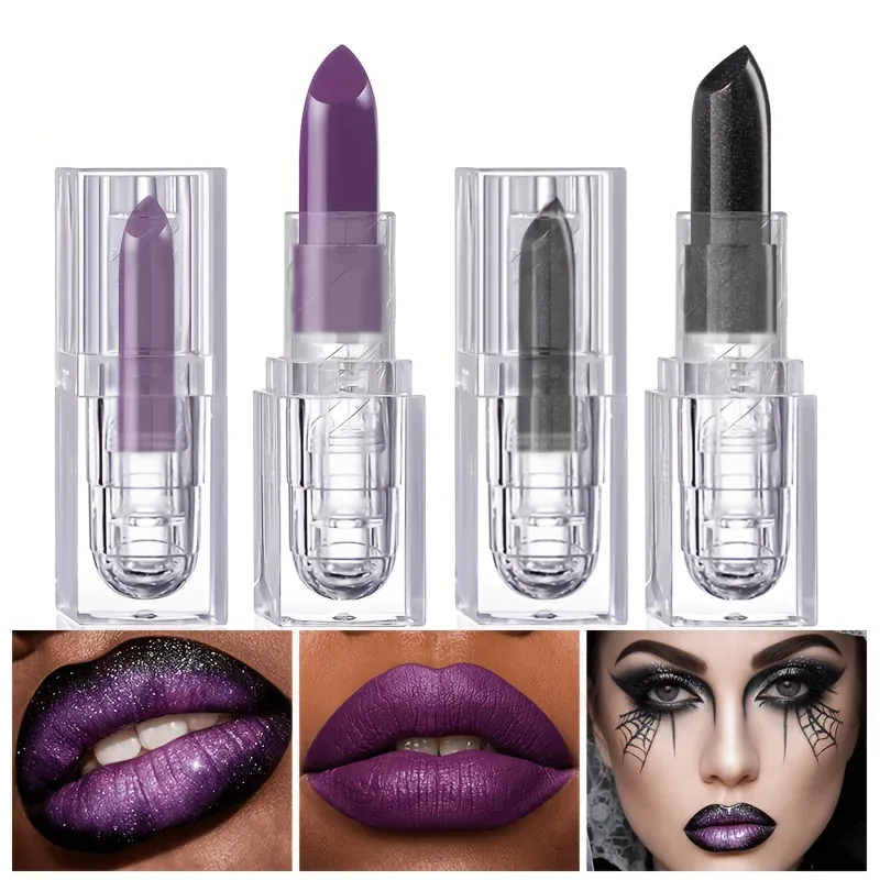 Clear Square Case Glitter Black Matte Purple Lipstick Halloween Cosplay Stage Creative Dark Lip Makeup