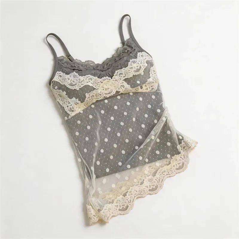 Women's Polka Dot Lace Spaghetti Strap Camisole with Pad Bust Adjustable Straps Side Lace Sexy Summer Daily Top A33079 — image 11