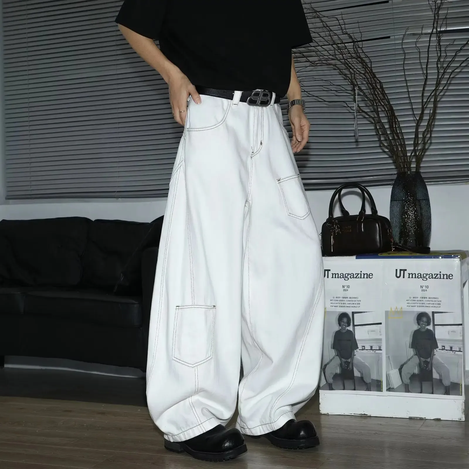 Y2K Men's Jeans White High-Waisted Wide-Leg Denim Pants Retro Baggy Style Fashion Loose Fit Casual Denim Trousers Streetwear — image 3