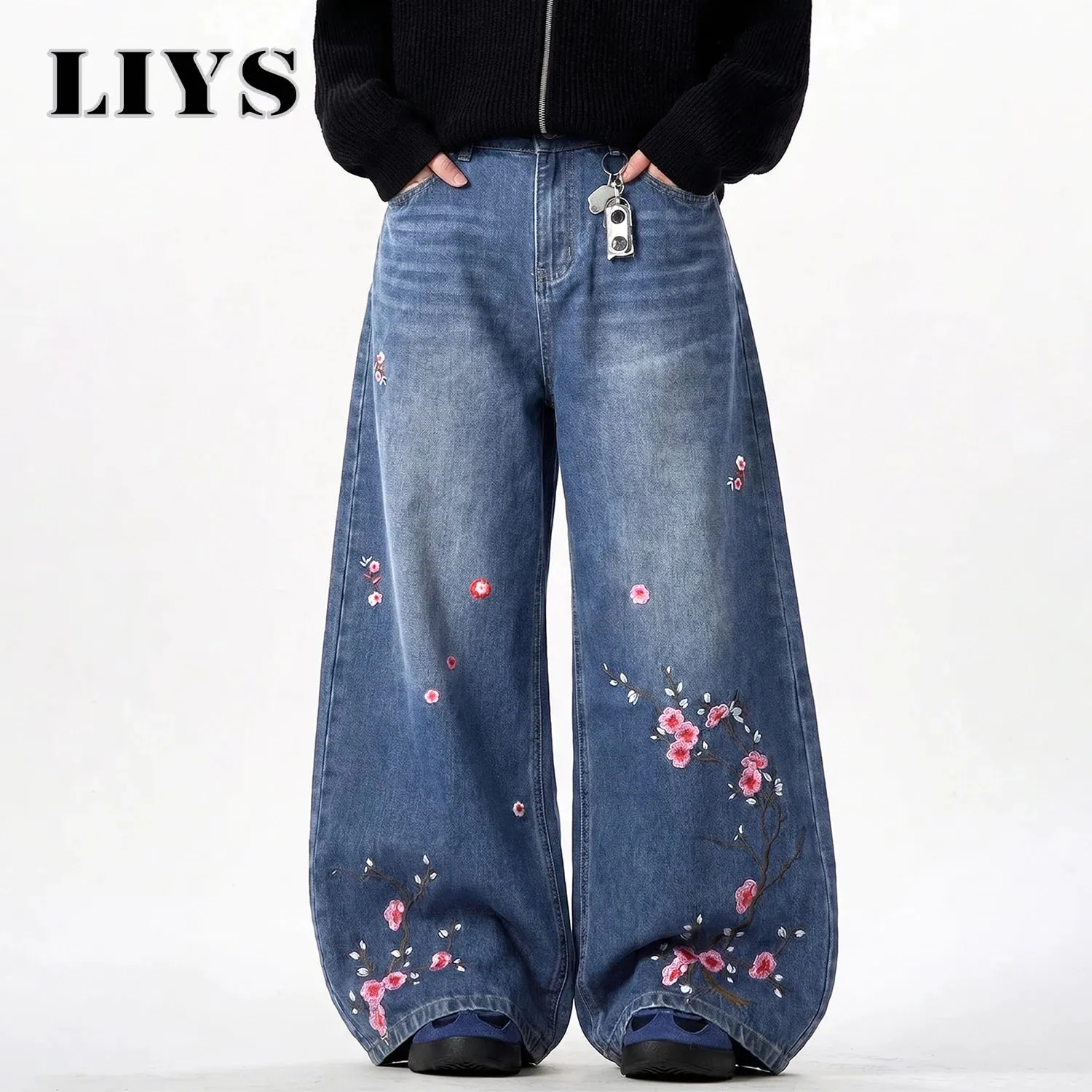Men's Retor Plum Blossom Embroidered Baggy Jeans Blue Washed Wide Leg Denim Streetwear Casual Denim Pants Unisex