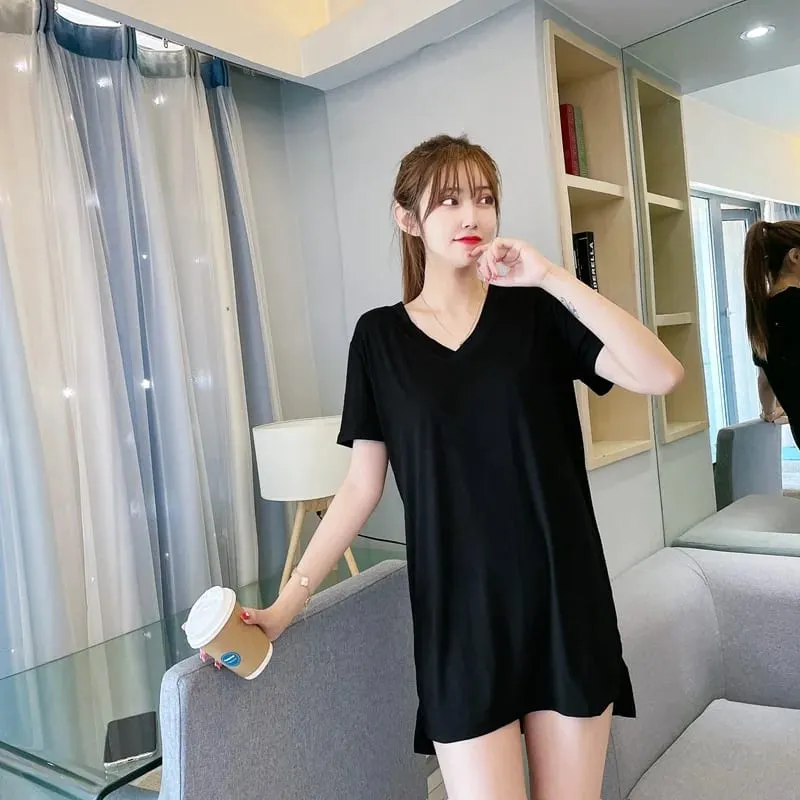Loose Modal Short Sleeve V-Neck Midi Dress Thin Home Clothes Sleepwear Women's Base Skirt Comfortable plus Size Casual Style — image 5