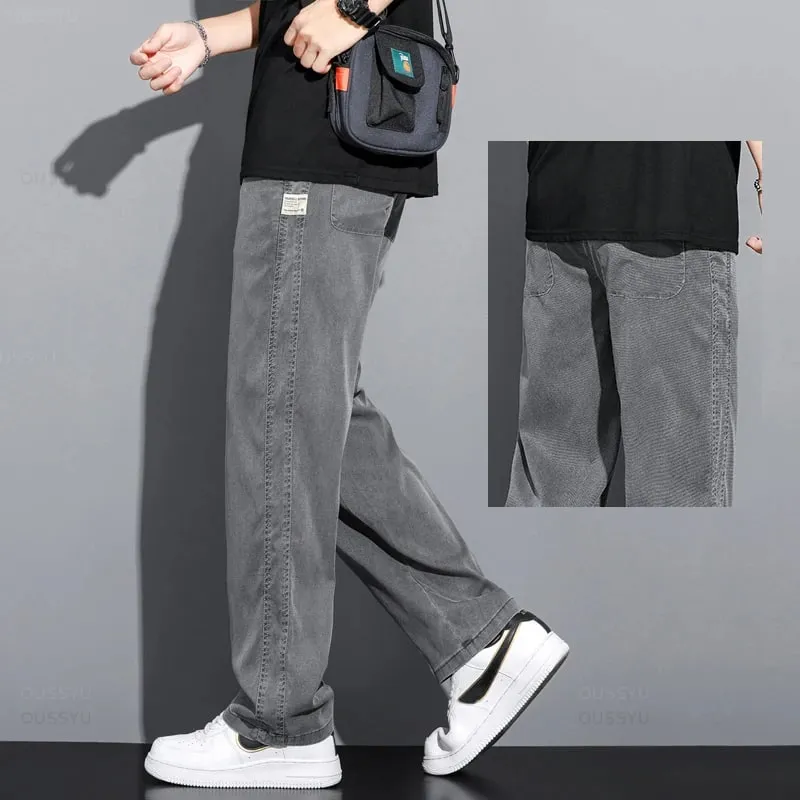 Sommer Blødt Lyocell stof Herre jeans Tynde Løse Lige Bukser Snøre Elastisk talje Korea Casual Bukser Plus Størrelse M-5XL
