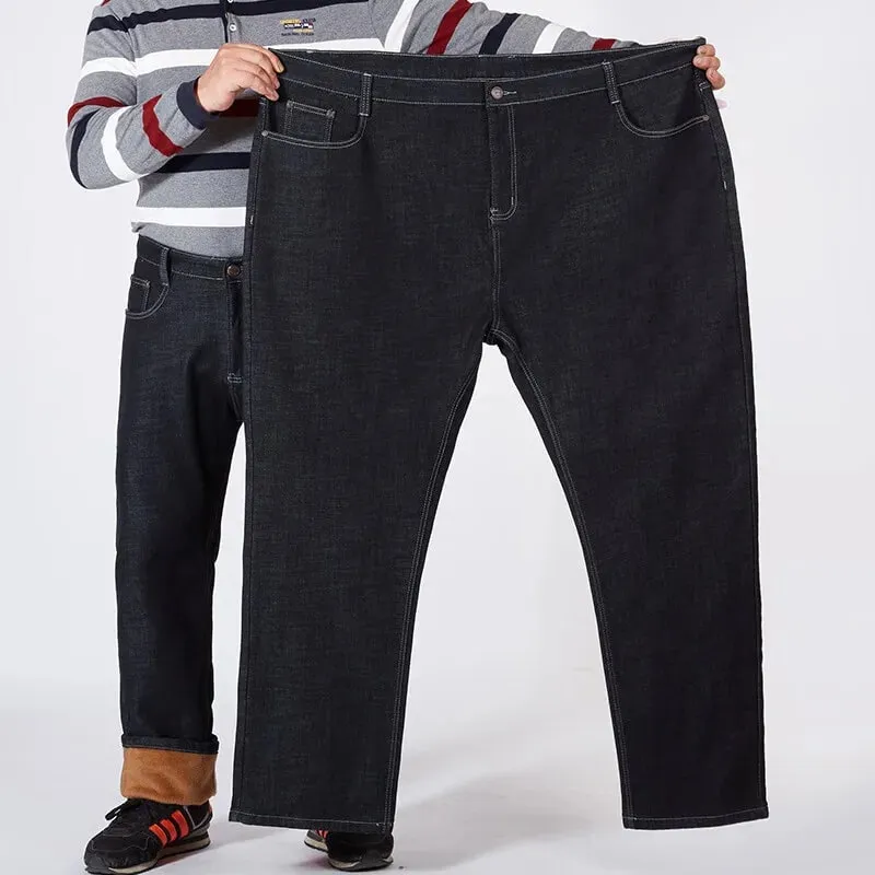 Men Plus Size 10XL Winter Warm Plush Jeans Stretch Loose Straight Baggy Denim Trousers for Comfortable Wear Oversize Streetwear — image 2