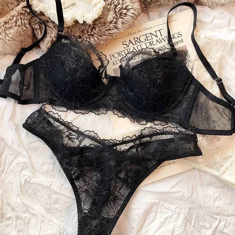 Sexy Women Underwear Set Lace Flowers Embroidery Push Up Bra Set French Thin Cup Comfort Breathable Lingerie Ladies Intimates — image 8