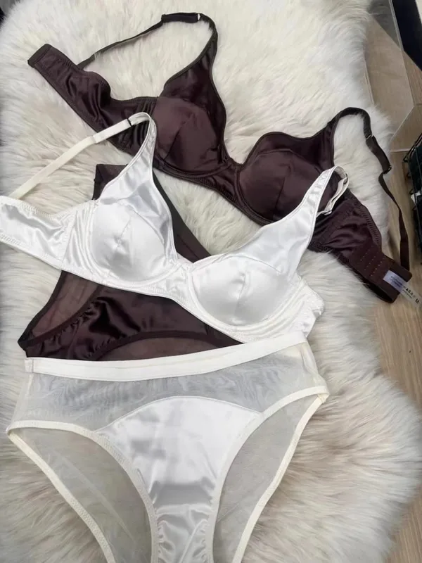 Ensemble de soutien-gorge froncé en Satin, sous-vêtements fins et confortables, sans marquage, gros seins, petit push up, lingerie, slip, costume
