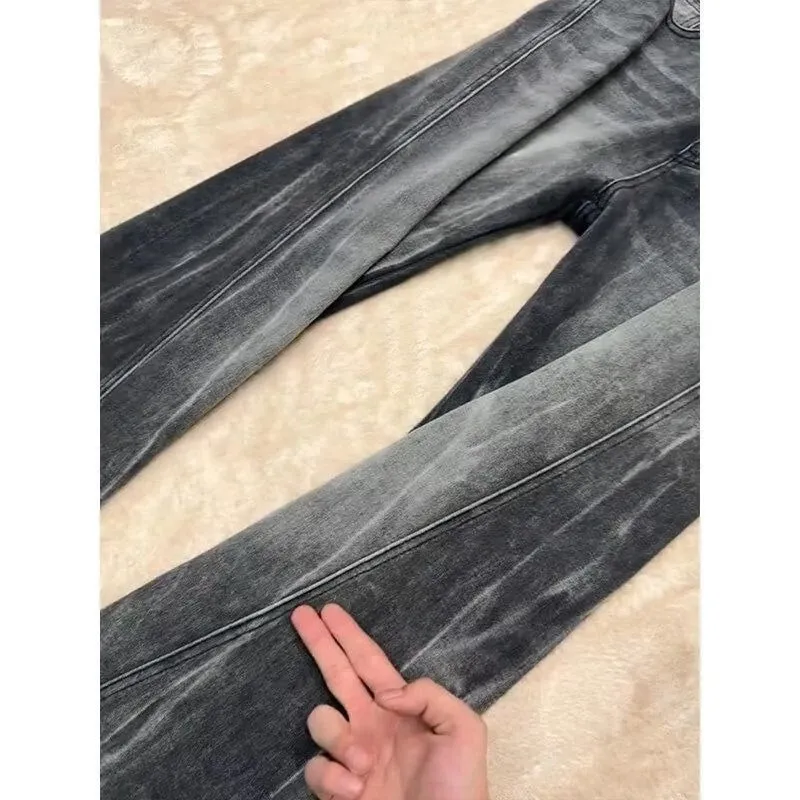 Mens Jeans Harajuku High Street Streetwear Lightning Cut Denim Pants Micro Flared Curved Fit High Waist Slim Straight Spring New