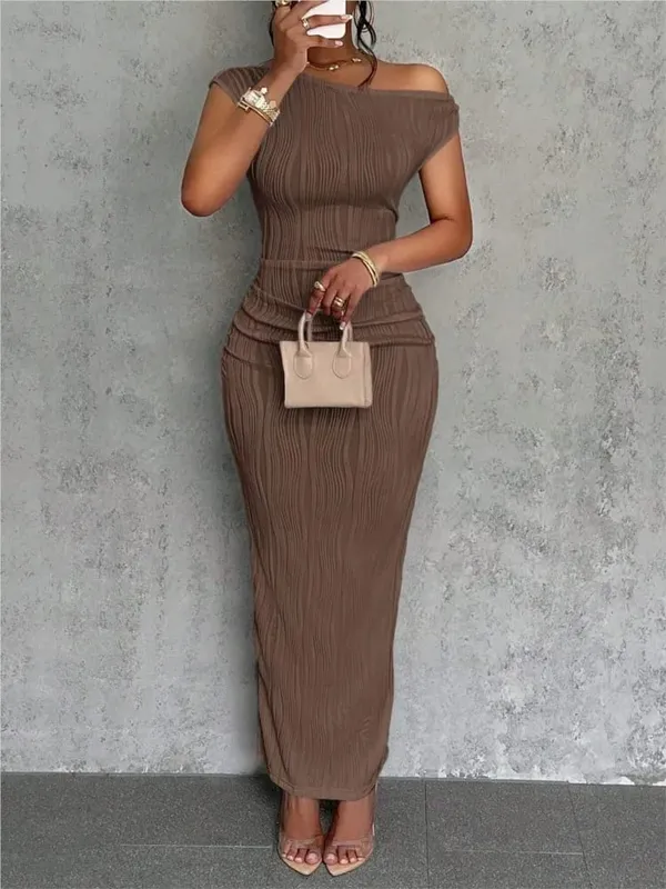 Fashion Water Ripple Slanted Shoulder Dress Pambabaeng Elegant At Simple Solid Color A-line Collar Mid-waist Sexy Hip Wrap Skirt