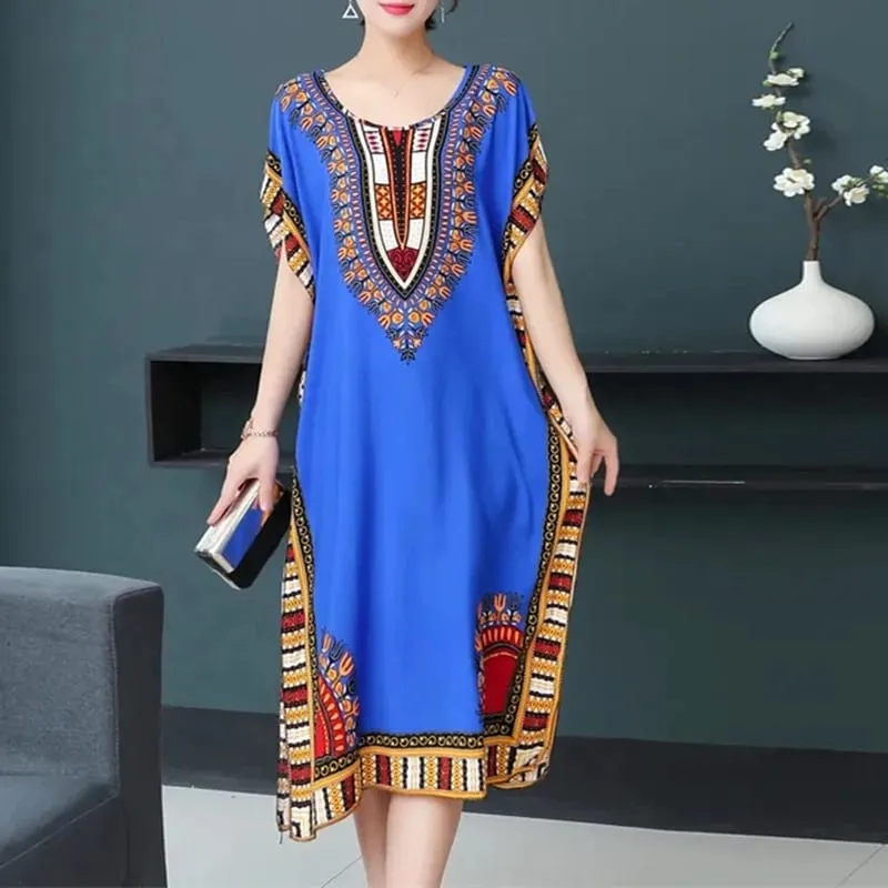 Boho Holiday Women V-Neck Batswing Short Sleeve A-Line Midi Dresses Slim Elastic Waist Casual Vintage Office Lady Elegance Dress — image 12