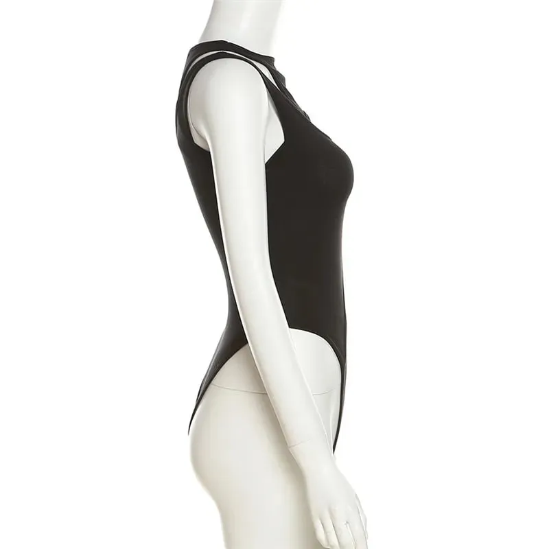 SylCue Irregular Hollow Design Bodysuit Woman 2026 Spring New Style o-Neck Sleeveless Skinny Stretch Street Sexy Fashion Bodycon
