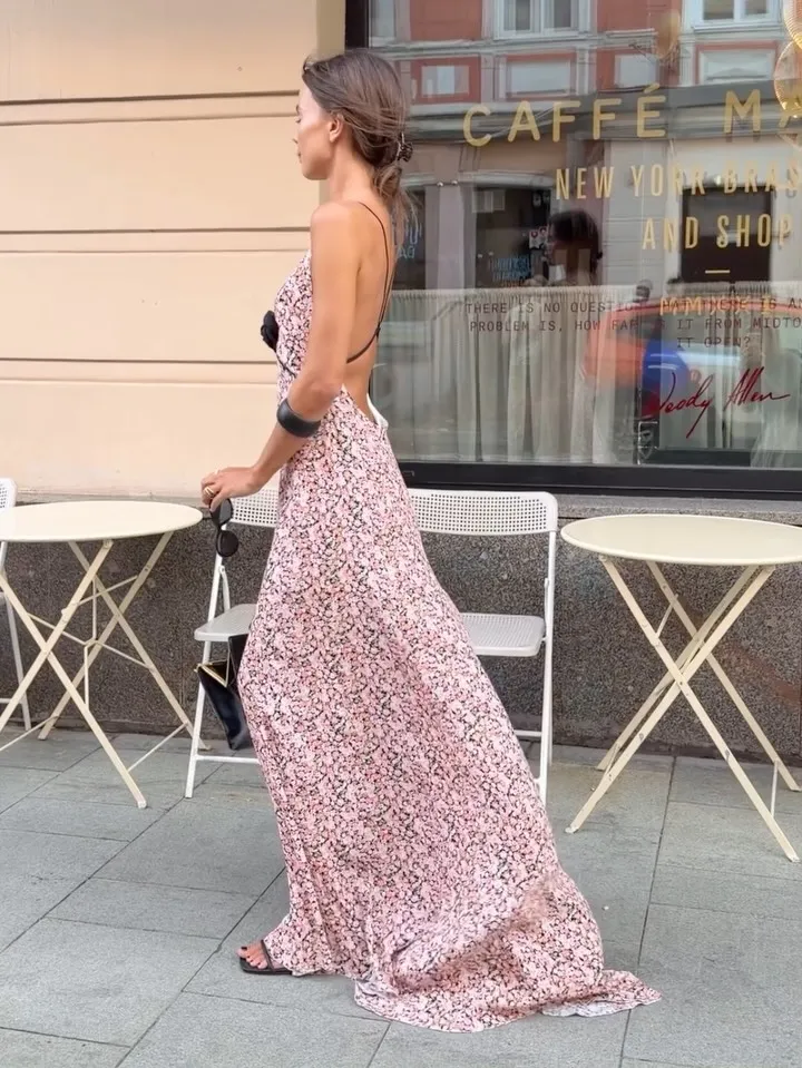 Pink Ditsy Floral Satin Maxi Dress Spaghetti Strap Deep V Neck Front Black Rose Detail Ruffle Hem Women Street Vacation Dress