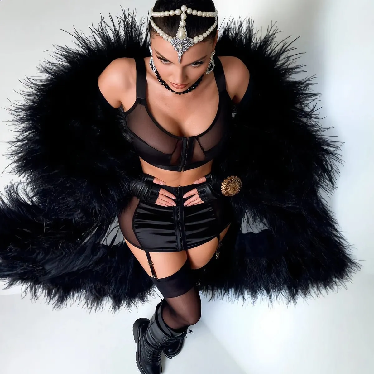 Diccvicc Black Satin Mesh Lingerie Set with Skirt Garter Belt Front Hook Crop Top Bra Lace Up Corset Back 3 Pieces Teddy Outfits — image 3
