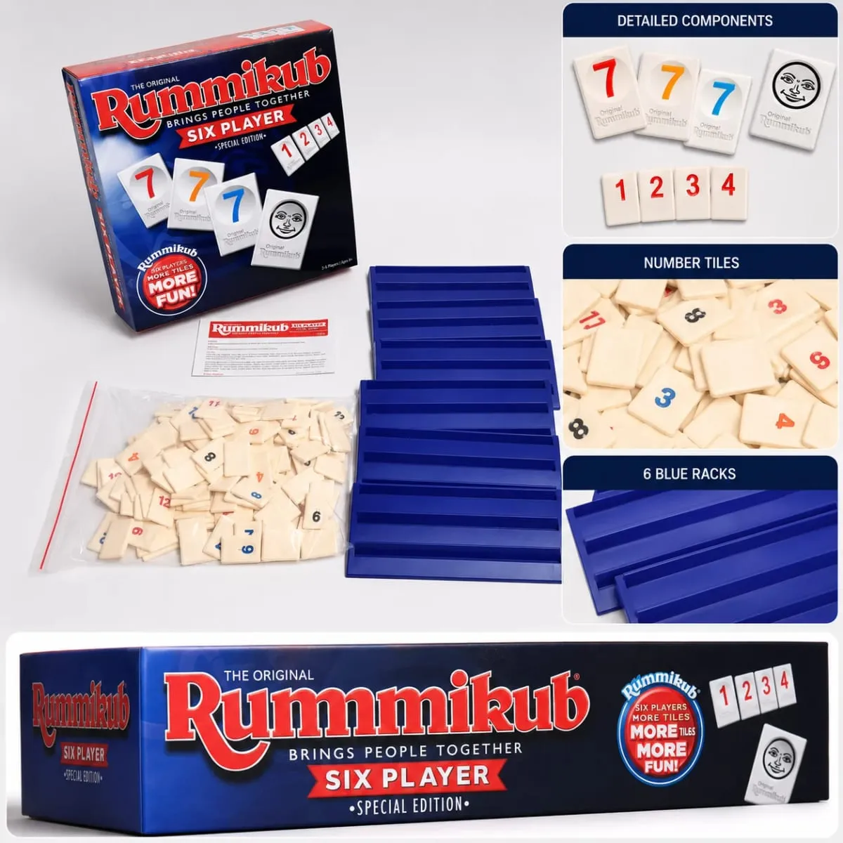 Rummikub Six Player Tile Strategy Board Game with Blue Racks Number Logic Family Party English Version — image 3
