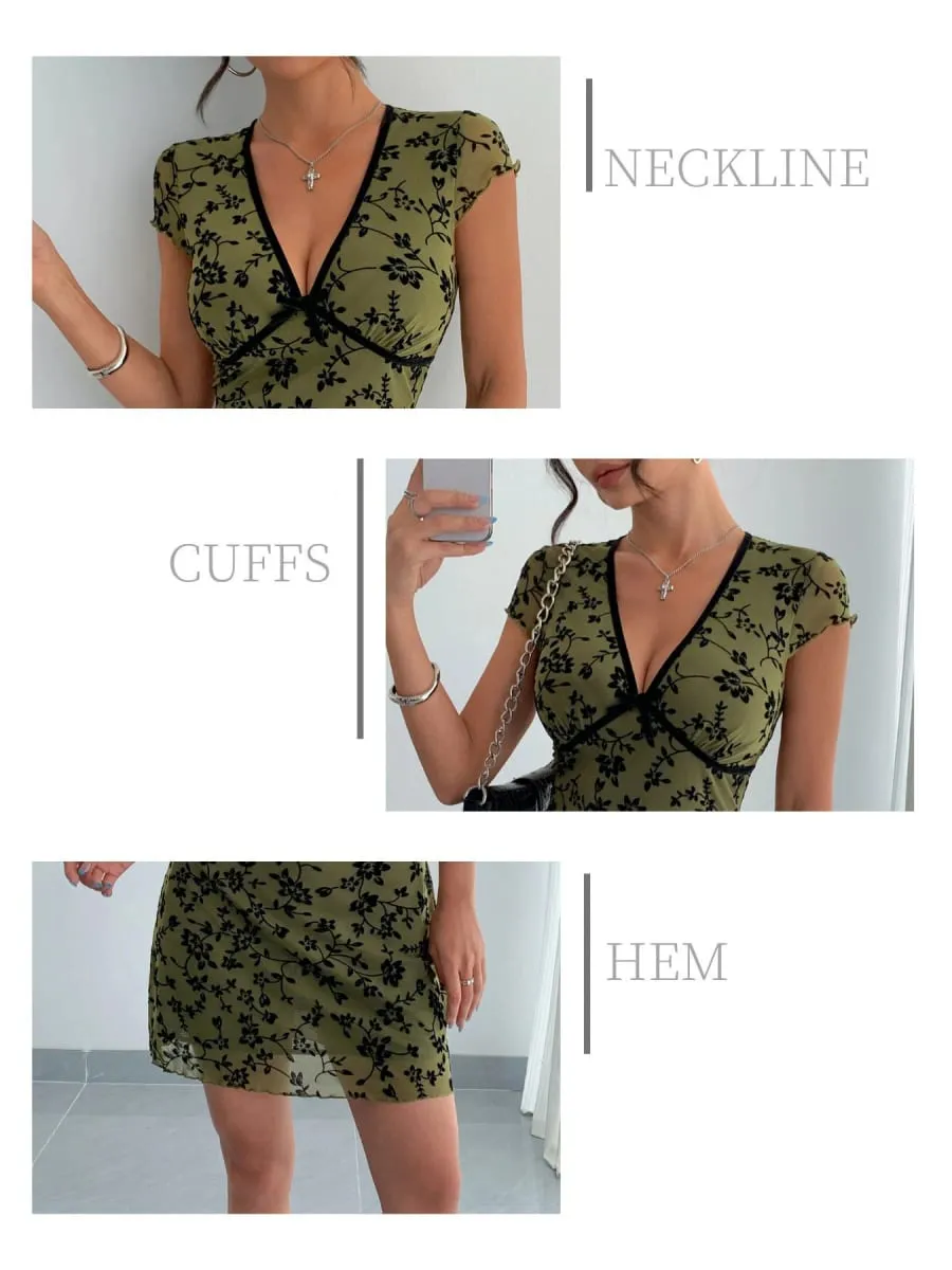 Summer 2026 Green Ditsy Flowers Dress Women Floral V-Neck Slim Waist A-line Mini Dress Sexy Dresses Short Sleeve Casual 64051 — image 6