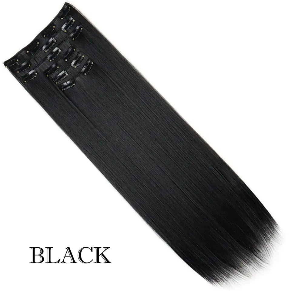 6Pcs/Set Clip In Hair Extension Synthetic Highlights Blonde Long Straight Hairpiece Full Head Thick Hairpieces for Women Girls