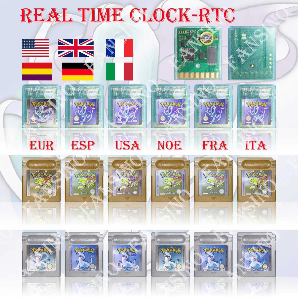 GB/GBC Real Time Clock Pokemon Crystal/Gold/Silver Version Video Game Cartridge with Battery USA/NOE/FRA/ESP/ITA Version — image 1