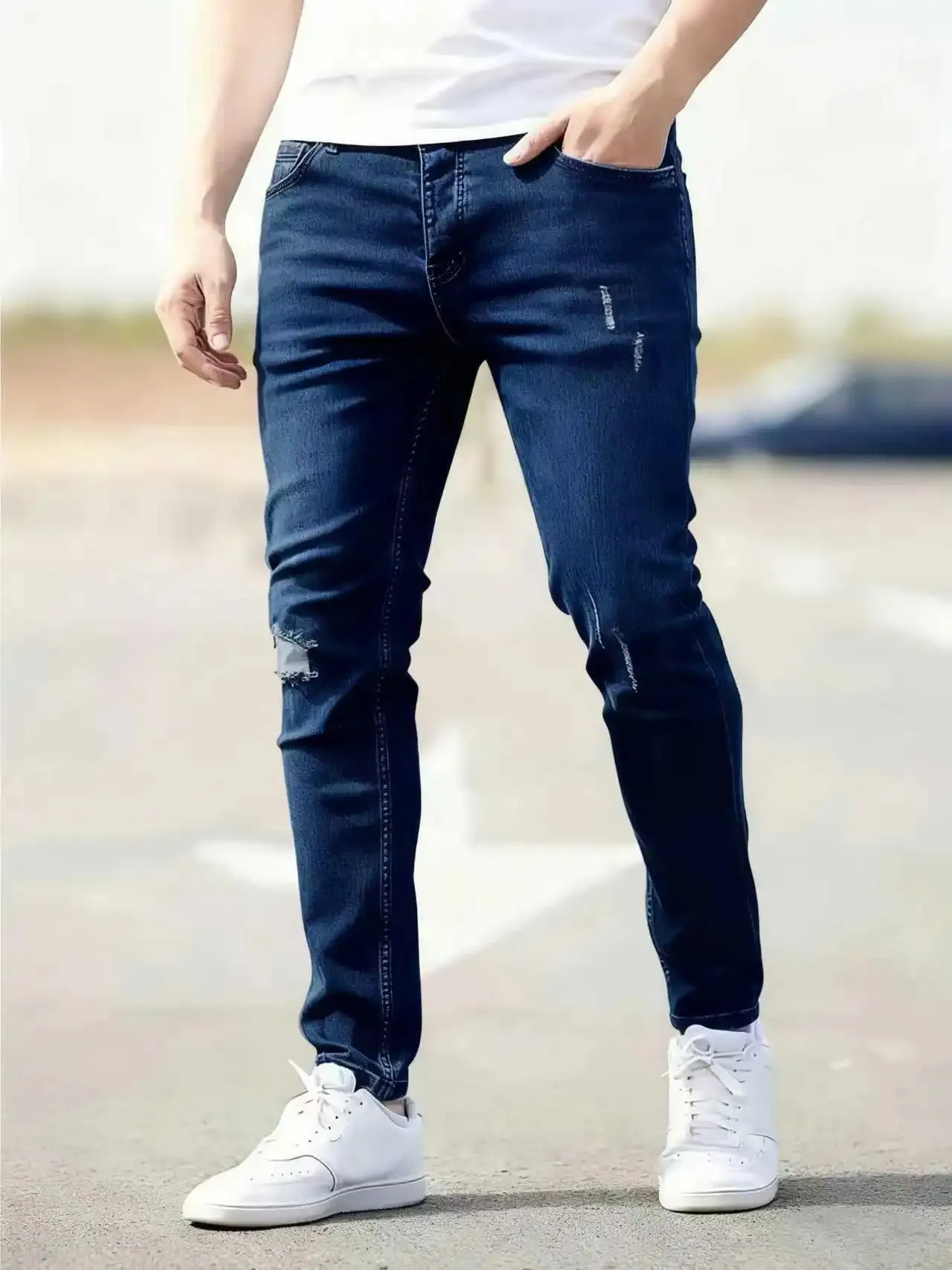 2026 New Fashion Men's Skinny Ripped Jeans Mid Waist Stretch Denim Pants Male's Slim Trousers with Pocket Casual Soft Streetwear — image 9