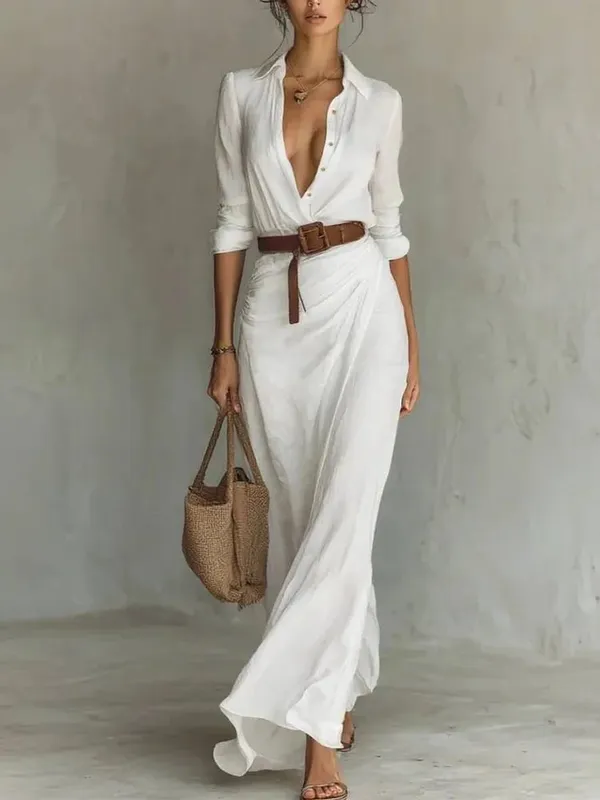 2025 New Autumn Woman Sexy Deep V Neck Hollow Long Dress Elegant Solid Belted Irregular Party Long Sleeve Slim Casual Dresses