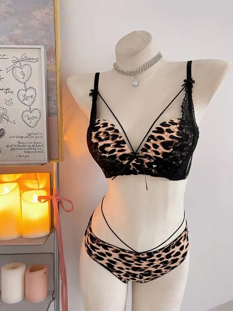 New Sexy Leopard Print Deep V Push Up Bra Lingerie Set for Women Small Bust Push Up Effect Anti Ptosis Daily Wear 32-38 Bra Set — image 4