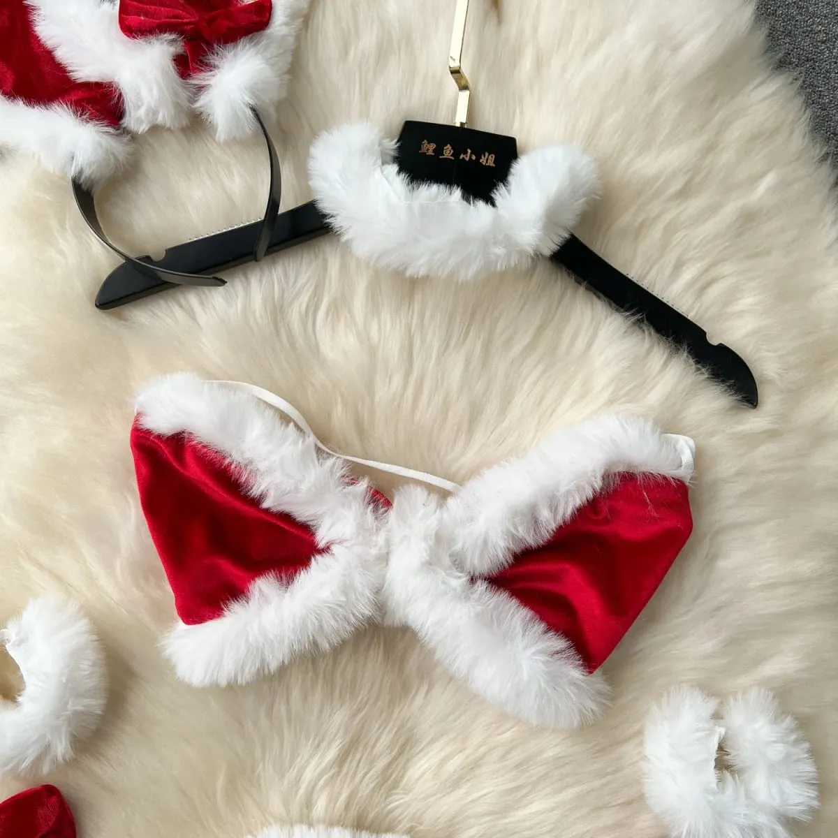 Women Sexy Christmas Velour Bra Brief Suits Fashion Intimate Lingerie 5 Piece Erotic Bras Thongs Outfits Underwear Sets — image 3