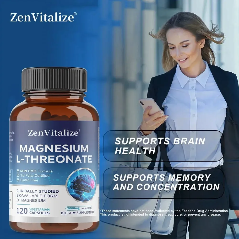 Magnesium L-Threonate - 2000 Mg Supports Memory Focus and Brain Function Supports Quality of Sleep 120 Capsules
