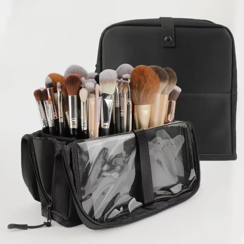 Large Black Foldable Makeup Bag 14-40 Hole Storage Organizer for Beauty Brushes Cosmetic Pouch with Handles — image 1