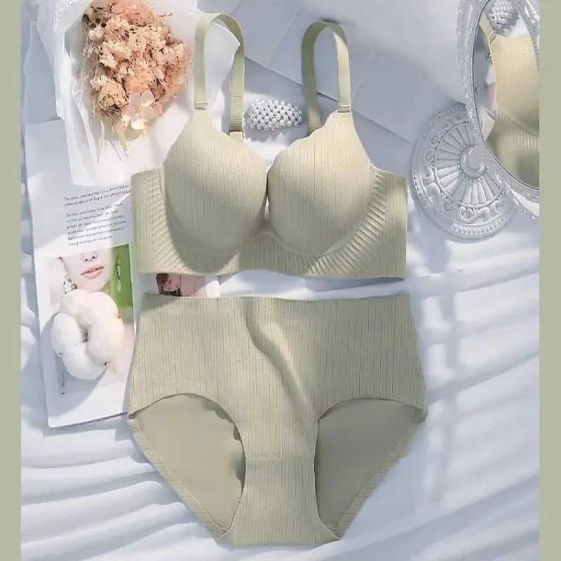 High Quality Thick Padded Wirefree Bra Set Women Seamless Solid Gathering Lingerie Comfort Push Up Effect Perfect for Smaller — image 3