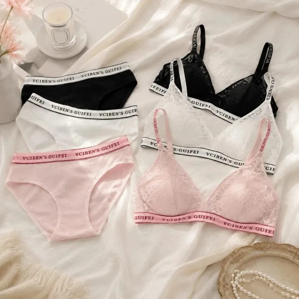 Fashion Letter Design Lingerie Set Deep V Wireless Women Underwear Suit Color Blocking Lace Bra Panties Set Gift — image 3