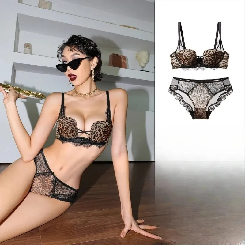 Tendance Ensemble Lingerie Léopard Dentelle Style Français Soutien-Gorge Push Up Petit Poitrine Anti Affaissement Toutes Tailles — image 4