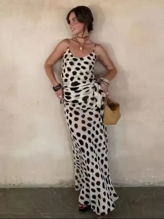 Trendy Slip Dress Animal Print V-neck Ruched Drawstring Sexy Maxi Women Dresses Beach Vacation Stylish Retro Summer Party Outfit — image 6