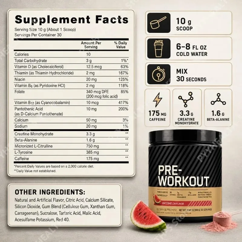 Pre Workout Powder with Creatine Beta Alanine L Citrulline Tyrosine Caffeine Energy Endurance Focus Support 300g 30 Servings — image 3
