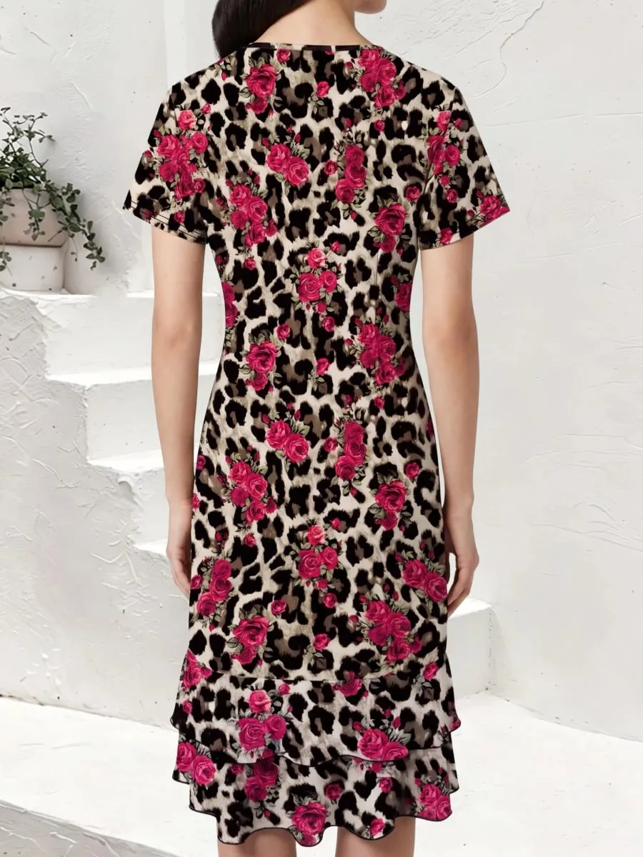 Women's Summer Short-Sleeved V Neck Dress Leopard Rose Print Mid-Length Casual Vacation Dress — image 2