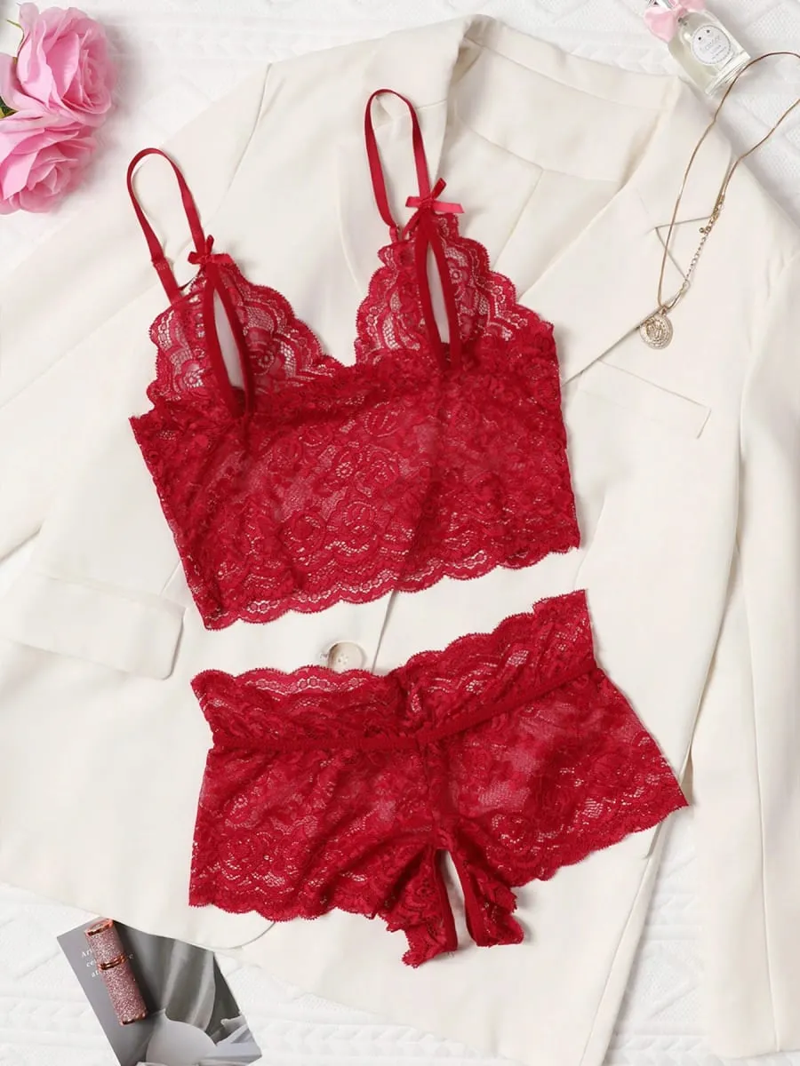 Open Bra 2 Pcs Women Lace See-Through Pajama Black Cute Clothes Comfortable Breathable Suspender Shorts Bra And Brief Set Hollow — image 3