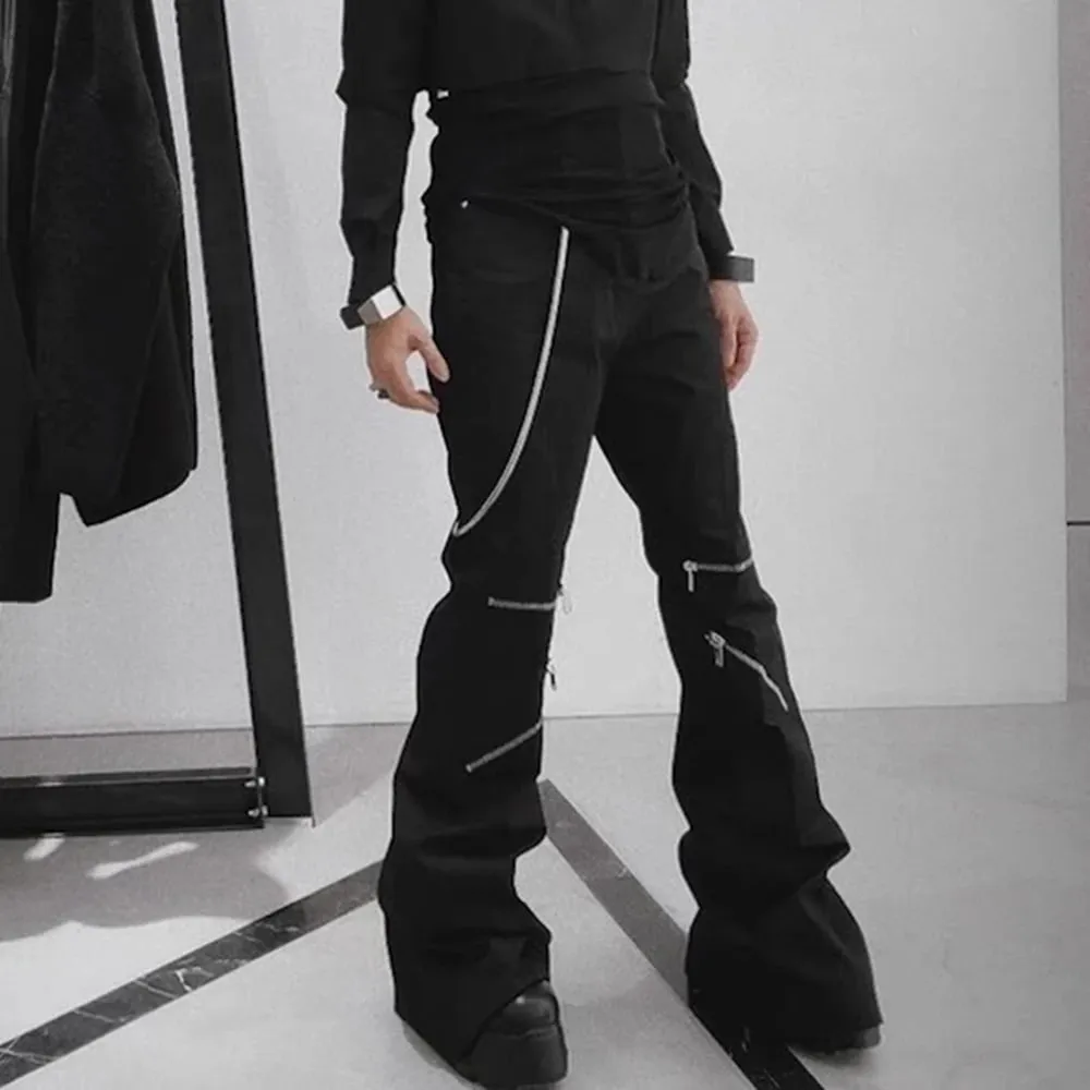 Knee Multi Zipper Coated Micro Flared Jeans for Men Streetwear Baggy Denim Trousers Straight Black Boot Cut — image 4