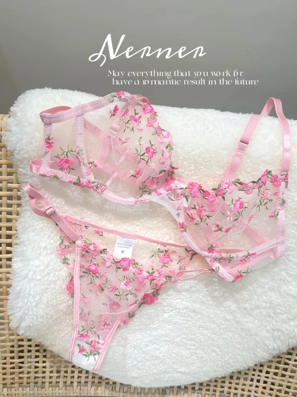 Kawaii Japanese Lingerie Set Sheer Tulle Pink Floral Embroidery Bra Bralette sek-si Pure Matching Set BANERDANNI Tushy Bras — image 9