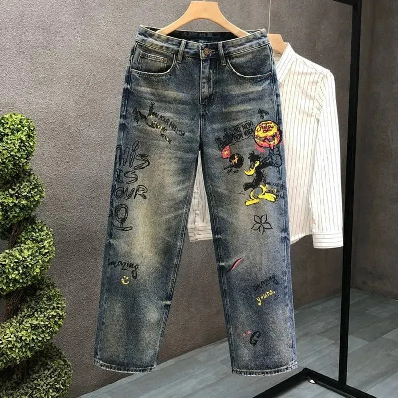 Spring and Autumn New Fashion Trend Print Straight Elastic Denim Pants for Men Casual Loose Retro Sport High-Quality Denim Jeans — image 2