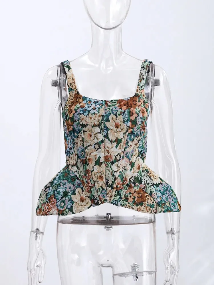 Vintage Floral U Neck Spaghetti Strap Corset Cami Top Curved Hem Fitted 2026 Summer Women Slim Tank Causla Versatlie Lady Top — image 7