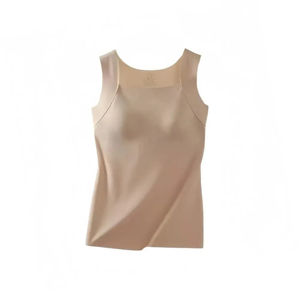 Built-in Bra Seamless Camisole Fixed Cup Solid Color Thermal Vest Stretchy U Neck Bottoming Underwear Multi-layer Wear — image 10