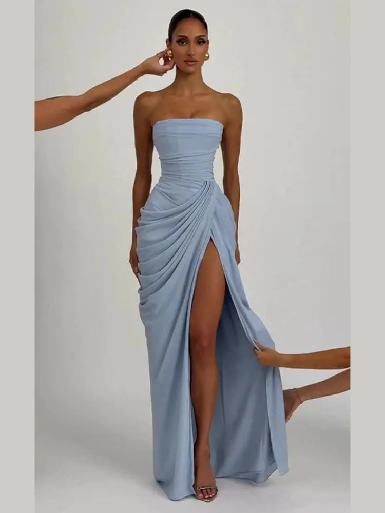 Sexy Solid Geplooide Strapless Jurk Lady Chic Off-shoulder Backless Hoge Taille Split Jurken Vrouwen 2026 Nieuwe Avond Party Gown — image 7