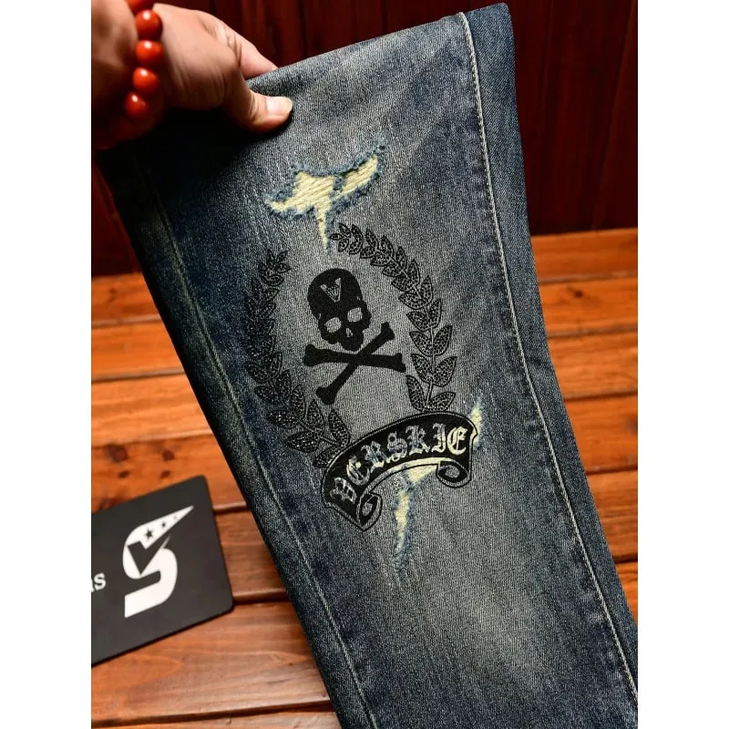 High end jeans men with ripped holes street fashion prints small feet elastic retro and handsome pants — image 3