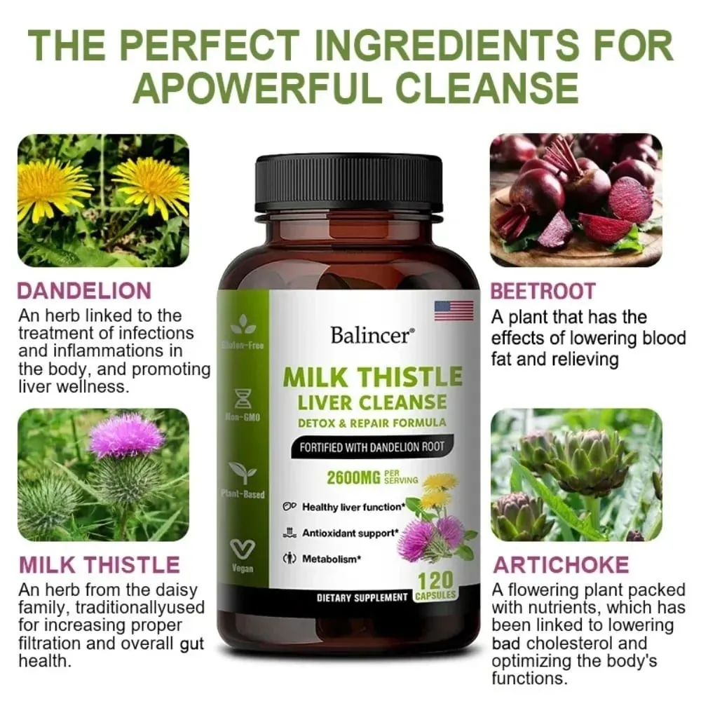 Milk Thistle with Dandelion Root-Antioxidant Liver & Kidney Health Support Supplement Vegan Non-GMO Gluten Free 120 Capsules — image 3