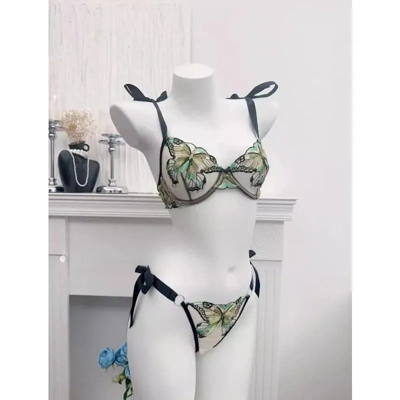 Reggente Pizzo Francese Farfalla Rete Trasparente Spalline Elastiche Senza Spugna Set Intimo S-XL Nuovo Morbido — image 3